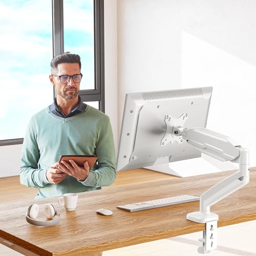 MOUNT PRO Single Monitor Desk Mount - Articulating Gas Spring Arm, Removable VESA Mount for Computer Monitor Stand with Clamp and Grommet Base Fits 13 to 32 Inch Screen, VESA 75x75, 100x100, White