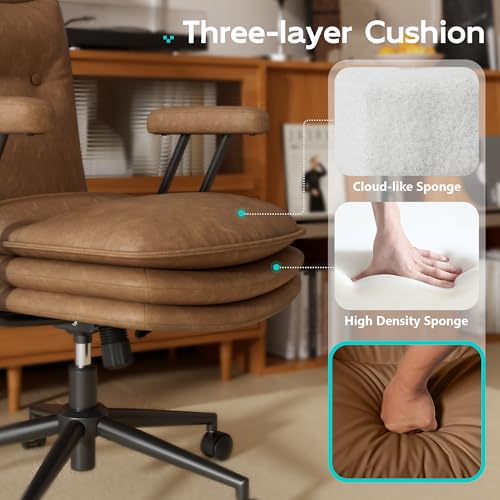 Sucrever Brown Leather Office Chair with Triple-Layer Seat, Home Desk Chair