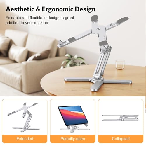 OMOTON LA10 360° Rotating Laptop Stand Riser for Desk, Ergonomic Foldable Computer Stand Adjustable Height Angles for Collaborative Work, Easy Storage Fit Macbooks,All Laptops up to 16 inches, Silver