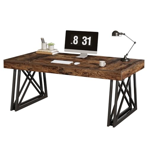 Tribesigns 63-Inch Executive Desk, Farmhouse Office Computer Desk with Sturdy X-Shaped Legs, Large Writing Table Business Furniture Workstation for Home Office, Study (Rustic Brown & Black)