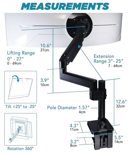 ULTRARM Heavy Duty Monitor Arm for Ultrawide Monitors up to 57" and 44 lbs, Single Desk Stand, Pneumatic Height Adjustable, Modular Extension Arms - Max VESA 100x100, Black, MA20P-S