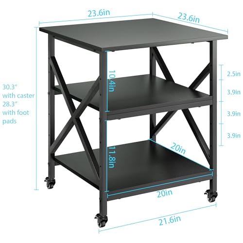 Ollieroo 3 Tier Printer Stand, Large Table with Wheels, Rolling Cart with Height Adjustable Middle Storage Shelf, 23.6 x 23.6 x 30.3 Inches Shelf for Home Office, Black