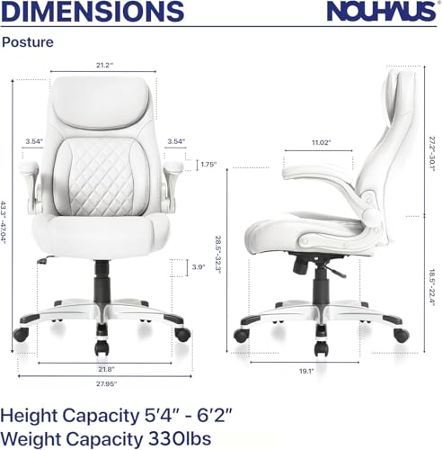 Nouhaus +Posture Ergonomic PU Leather Office Chair. Click5 Lumbar Support with FlipAdjust Armrests. Modern Executive Chair and Computer Desk Chair (White)