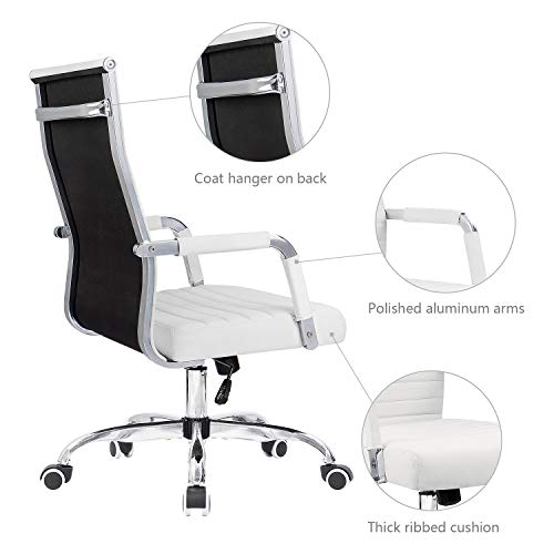 KaiMeng Ribbed Office Desk Mid Back Computer Chair Height Adjustable Conference Executive Task Swivel PU Leather (White)