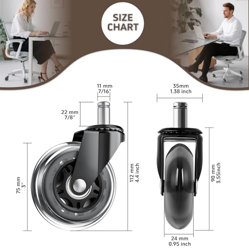 ASHGOOB Office Chair Wheels for Hardwood Floor, 5 Pack 3 Inch Heavy Duty PU Caster Wheels, Replacement Casters Universal Stem, Quiet & Smooth for Most Chairs