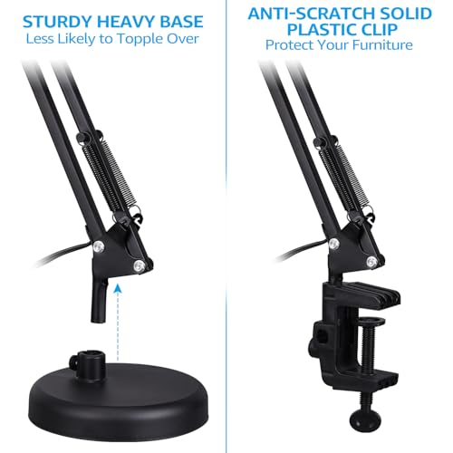 TORCHSTAR Metal Desk Lamp with Clamp, Swing Arm, Architect Adjustable Gooseneck Table Lamp, Clip Desk Lights for Home Office, Work, Study, Reading, E26 Base, Multi-Joint, Black