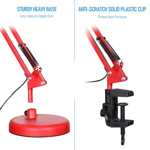 TORCHSTAR Metal Desk Lamp with Clamp, Swing Arm, Architect Adjustable Gooseneck Table Lamp, Clip Desk Lights for Home Office, Work, Study, Reading, E26 Base, Multi-Joint, Red