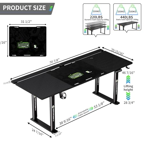 Klobel 71" Gaming Standing Desk for Gamers & Streamers, 4-Leg Electric Sit Stand Desk with LED Lights, Flip-Top Cable Management, Stable Computer Desk with Wheels