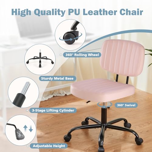 DUMOS Armless Home Office Executive Chair - Small Desk Chair with Low Back Lumbar Support, Height Adjustable PU Leather Computer Task Chair with 360° Swivel Wheels, for Adults, Pink