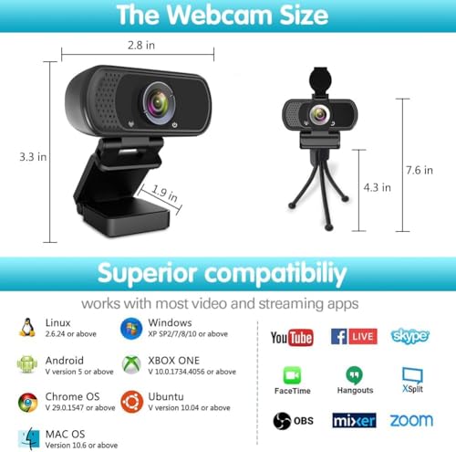 Webcam HD 1080p ,Live Streaming HD Camera with Stereo Microphone, PC Desktop or Laptop USB Webcam with 110 Degree View Angle, for Switch 2,Video Calling, Recording, Conferencing, Streaming, Gaming