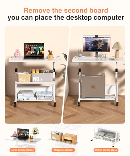 QZMDSM Portable Desk with Wheels Small Standing Desk on Wheels Adjustable Height Rolling Desks for Small Spaces, 32" Computer Desks with Storage Shelves for Home Office Study White