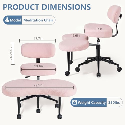 DUMOS Ergonomic ADHD Cross Legged Office Desk Chair with Adjustable Backrest, Height Adjustable Meditation Chair with 360° Swivel Footstool, Teddy Fabric Yoga Stool for Home Office, Pink