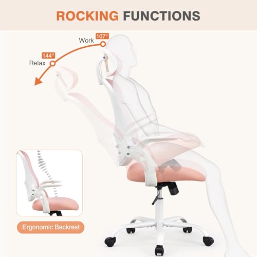 Sweetcrispy Office Computer Desk Chair, Ergonomic High-Back Mesh Rolling Work Chairs with Wheels and Adjustable Headrests, Comfortable Lumbar Support, Comfy Flip-up Arms for Home, Bedroom, Study, Pink
