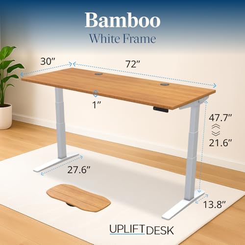 UPLIFT DESK Bamboo (72 x 30 inch) Standing Desk 2-Leg V3 Adjustable Stand Up C-Frame (White), Advanced Keypad, Wire Grommets, Wire Tray, Rocker Board