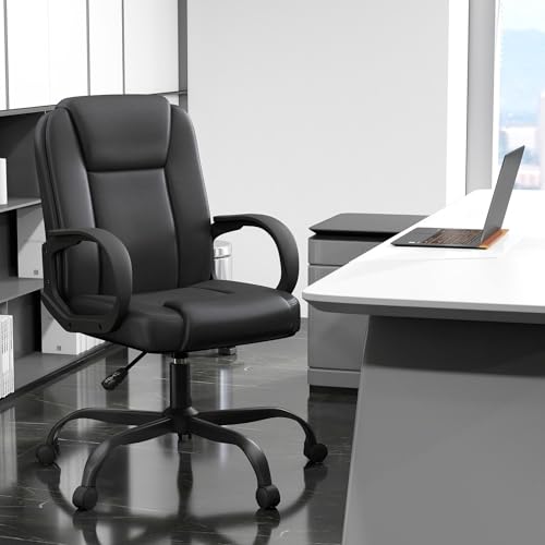 Keratee Executive Office Chair, Leather Desk Computer Chair with Armrests, Mid-Back Swivel Adjustable Ergonomic Design for Home Office, 10PC, Black