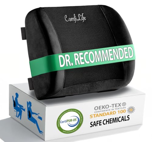 ComfiLife Lumbar Support Back Pillow Office Chair and Car Seat Cushion - Memory Foam with Adjustable Strap and Breathable 3D Mesh (Black)