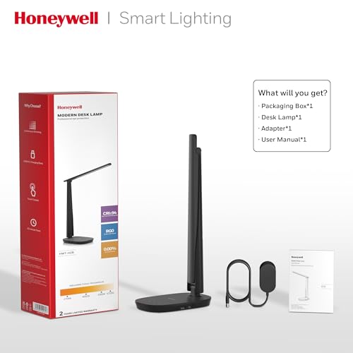 Honeywell HWT-H2 LED Desk Lamp, CRI94 Full Spectrum Eye-Caring Table Light, Foldable Dimmable 4 Color Modes with USB A+C Charging Ports for Home Office Bedroom Reading Study Work (Black)