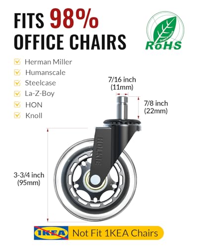 HOLKIE Office Chair Wheels - Universal Fit 3 Inch Roller Blade Casters - Safe for Hardwood Carpet Floors - Heavy Duty Rubber Replacement for Gaming Chairs - Smooth, Silent Glide - Set of 5