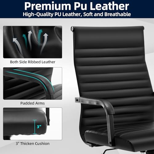 Haranuo Office Chair, Ergonomic Executive Conference Room Chairs, Ribbed Leather Desk Chair with Lumbar Support, Adjustable Height Mid-Back Swivel Chair with Padded Seat and Square Tube Armrests