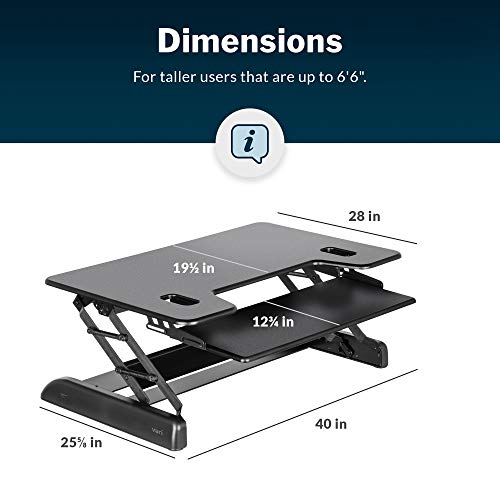 Vari Varidesk Tall 40 Standing Desk Converter for Users Up to 6'6" - Fits Dual Monitors (40" Wide) + Keyboard (28" Deep), 9 Height Settings (4¾" to 23"), Supports 35lbs – Delivers Assembled (Black)