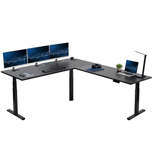 VIVO Electric Height Adjustable 84 x 71 inch Corner Memory Stand Up Desk, 2 Black Solid Square Corner Table Tops, Black Frame, L-Shaped Workstation, 3E-S Series, DESK-KIT-3E10SB