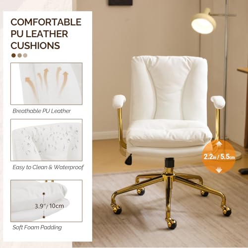 VINGLI Home Office Desk Chair Comfy with Wheels & Removable Armrests,Gold Base Vanity Chair with Back, Adjustable Rolling Swivel Computer Task Chair for Study,Makeup,Office,Bedroom,PU Leather,White