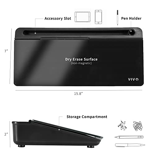 Vivo Glass 16 x 7 inch Dry Erase Board with Storage, Desktop Whiteboard Organizer with Hidden Compartments and Device Slot, Black, DESK-WB16B