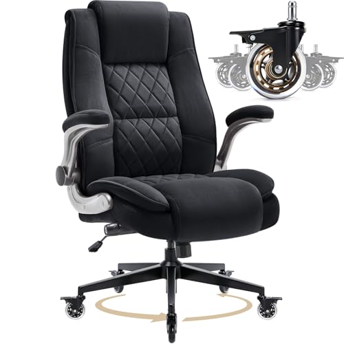 Fabric High Back Office Chair with Lockable Quiet Casters, Thick Padded Ergonomic Computer Chair- Adjustable Lumbar Support & Flip-Up Arms, Wide Executive Desk Chair for Back Pain, 400LBS Capacity