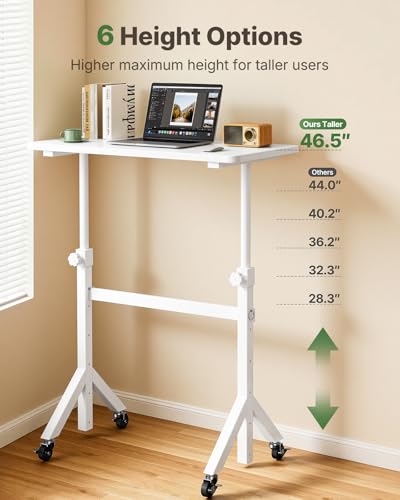 Marsail Mobile Stand Up Desk with Wheels, Adjustable Height Desk from 28.3″ to 46.5″, Rolling Standing Desk with Lockable Wheels, Portable Small Desk for Walking Pad and Treadmill, White