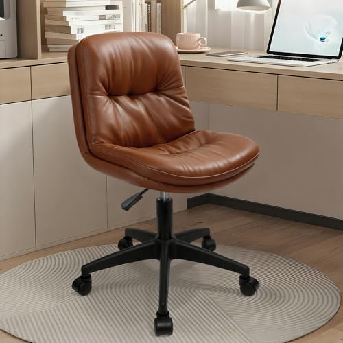 Timbertouch Armless Rolling Desk Chair, PU Leather Ergonomic Task Chair with Lumbar Support, Adjustable Height 360° Swivel Computer Chair for Home Office, Vanity, Bedroom & Small Spaces, Brown