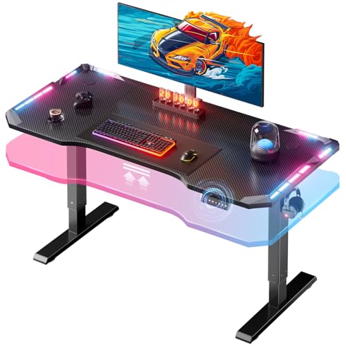 HLDIRECT Electric Gaming Standing Desk with LED Lights - 47“ Height Adjustable Sit Stand Desk, Carbon Fiber Gaming Table with Headphone Hook for Home Office PC Gamer, Black