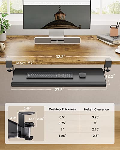 HUANUO Keyboard Tray Under Desk, Ergonomic Large Keyboard Tray with C Clamp, Updated Metal Slide Rail Keyboard Tray Mouse Tray, Pull Out Platform Computer Drawer for Typing, 27.5" W x 12.2" D, Black