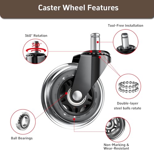 ASHGOOB Office Chair Wheels for Hardwood Floor, 5 Pack 3 Inch Heavy Duty PU Caster Wheels, Replacement Casters Universal Stem, Quiet & Smooth for Most Chairs