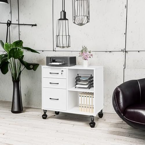 Panana 3 Drawer Office File Cabinets, Mobile Lateral Printer Stand with Open Storage Shelf, Rolling Filing Cabinet with Wheels Home Office Organization and Storage (White)