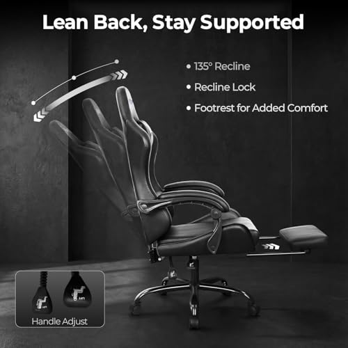 N-GEN GAMING Video Gaming Chair with Footrest Lumbar Support for Home Office High Back Recliner Height Adjustable Ergonomic Comfy Leather Computer Desk Chair (Black)