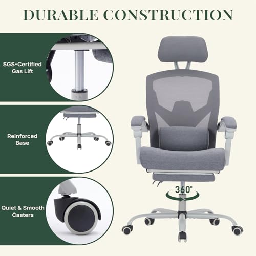 HAPPYMONT Ergonomic Office Chair with Footrest, High Back Home Desk Chair with Lumbar Support & Headrest, 90-135° Reclining Mesh Back Computer Chair with Wheels for Work, Gaming, Grey