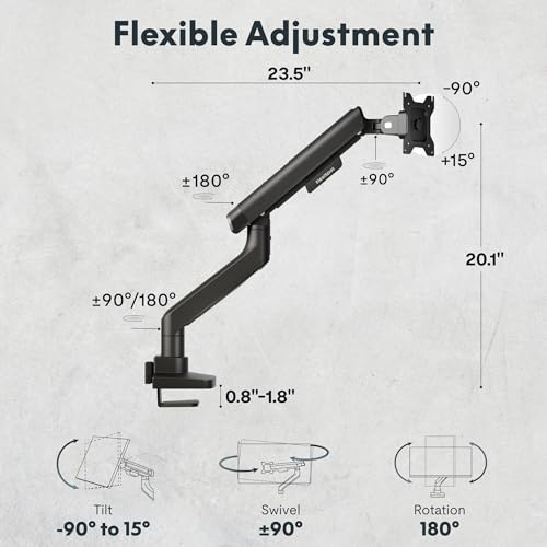 FlexiSpot Single Monitor Arm, Premium Aluminum Monitor Desk Mount Fits Screen up to 39 Inches, Fully Adjustable Monitor Stand with C-Clamp & Grommet Base, Holds 6.61 to 26.46 lbs, Black