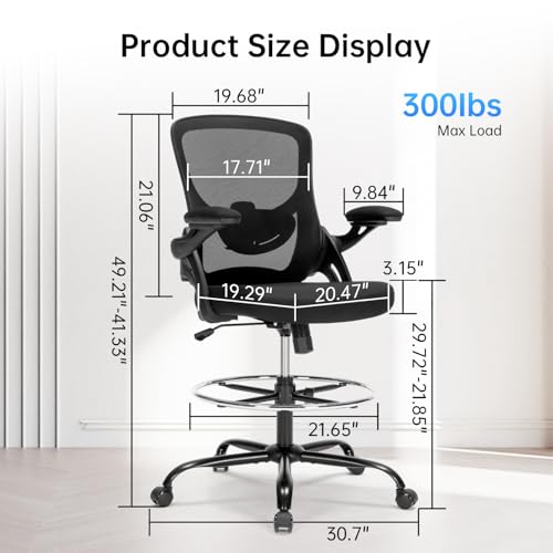 Heromate Drafting Chair Ergonomic Comuputer Standing Desk Chair with Flip-Up Arms and Lumbar Support, Tall Office Chair with Adjustable Footrest, Stool Counter Height Office Chairs Black