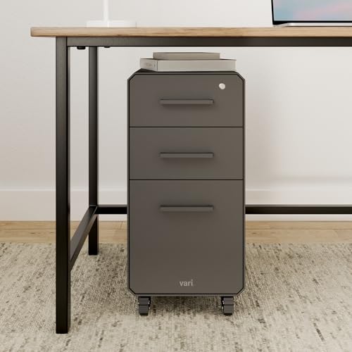 Vari Slim File Cabinet - Three Drawer Office Filing Cabinet, Modern Mobile Pedestal with Heavy-Duty Steel - Lockable Storage with Roll-and-Lock Caster Wheels - Home or Office - Charcoal Grey