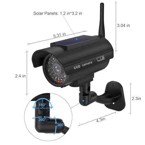 WALI Dummy Fake Camera, Solar Powered Fake Security Camera with LED Light, Simulated Surveillance Security CCTV Dome Cameras with Antenna and Warning Sticker Indoor Outdoor (SOL-TCB4), 4 Packs, Black