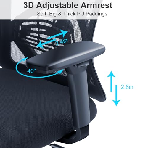 Ticova Ergonomic Office Chair - High Back Desk Chair with Adjustable Lumbar Support & 3D Armrest - 130°Reclining & Rocking Mesh ComputerChair with Thick Seat Cushion & Rotatable Headrest