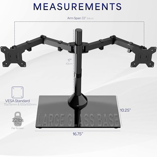 VIVO Freestanding Dual Monitor Stand with Sleek Glass Base and Adjustable Arms, Mounts 2 Screens up to 32 inch and 22 lbs Each, Black, STAND-V002FG