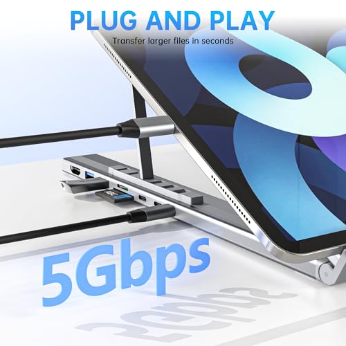 Umaniy Laptop Stand with Docking Station, 8 in 1 USB C Hub HDMI Portable Laptop Stand for Desk with USB Ports, Multiport USBC Dock Stands Foldable Adjustable Computer Riser Holder Dongle for MacBook