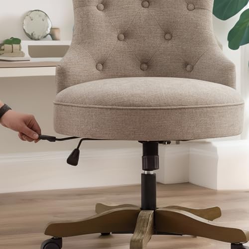 HUIMO Home Office Chair Upholstered Armless Linen Fabric Desk Chair with Wheels Adjustable Height Computer Desk Chair with Wooden Legs No Arms Swivel Chairs for Farmhouse Women Study Studio (Brown)