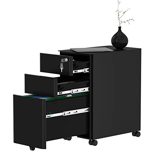 YITAHOME 3-Drawer Metal Filing Cabinet Office Drawers with Keys, Compact Slim Portable File Cabinet, Pre-Built Office Storage Solution for A4/Letter/Legal, Black
