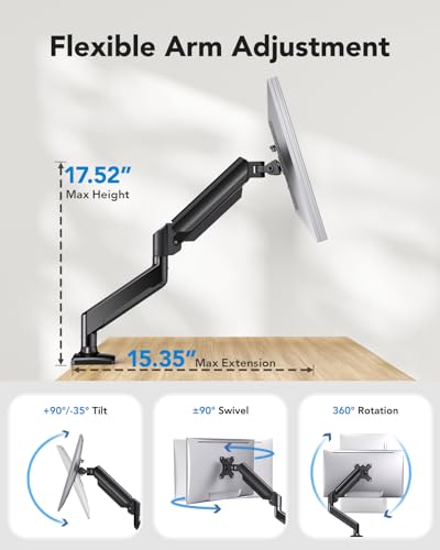 HUANUO Single Monitor Arm 13-34 Inch, Adjustable Gas Spring Arm, Monitor Desk Mount for 4.4-22lbs, VESA 75/100mm with C-Clamp/Grommet Base, Ergonomic Stand for Work/Gaming