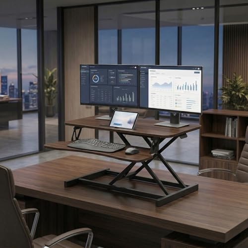 VENLUSUIR Standing Desk Converter 32" - Sit to Stand Desk Converter for Dual Monitors - Height Adjustable Desk Riser for Standing - Home Office & Corporate Use - Relieve Back Pain(Walnut)