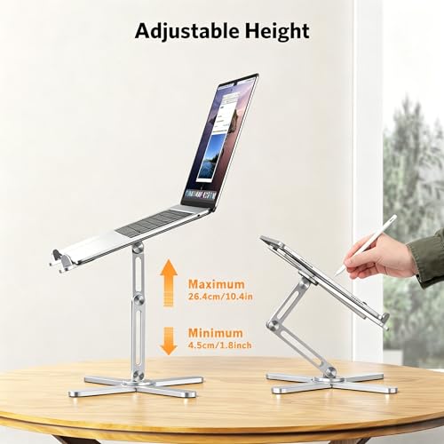 OMOTON LA10 360° Rotating Laptop Stand Riser for Desk, Ergonomic Foldable Computer Stand Adjustable Height Angles for Collaborative Work, Easy Storage Fit Macbooks,All Laptops up to 16 inches, Silver