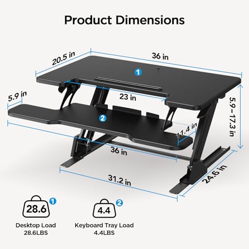 HUANUO 36" Z Shaped Stable Standing Desk Converter, Height Adjustable Sit Stand Up Desk Riser, Dual Monitor and Laptop Workstation with Wide Keyboard Tray, Desk Lifter for Home Office,Black