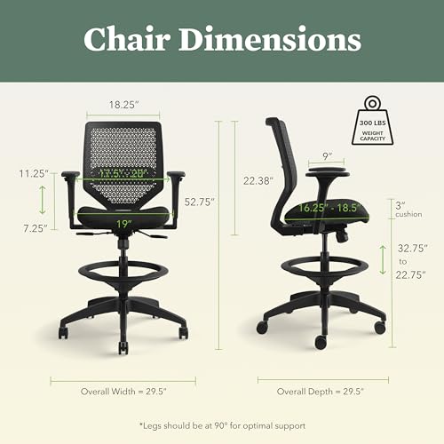 HON Solve Standing Desk Chair with Breathable ReActiv Mesh Back, Adjustable Lumbar Support and Footring, Ergonomic Task Stool with Height Adjustable Arms for Sit‑Stand Workstations, Black